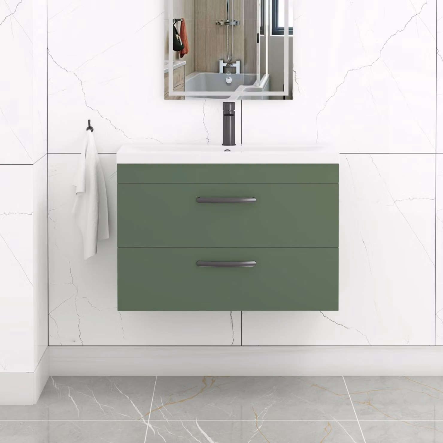 Royal Bathrooms Turin 800mm Wall Hung Vanity Unit in Matt Green with 2 Drawers and Matt Black Handles