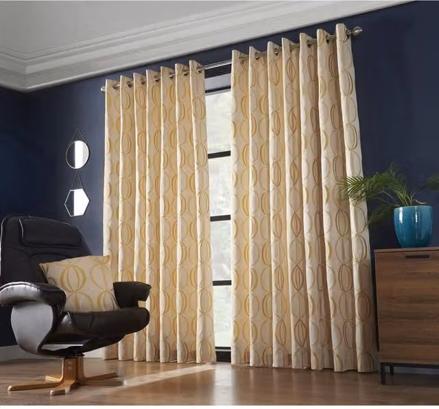 Livinluxury Ome Yellow Graphic Eyelet Top Curtains, Width: 228 cm, Height: 228 cm