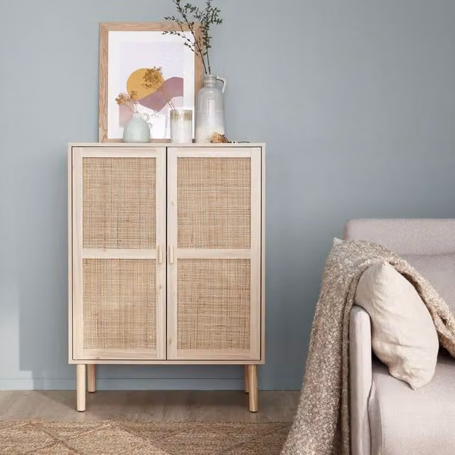 Sweekeek Vintage Woven Rattan and Wood Storage Cabinet in Light Brown and Beige