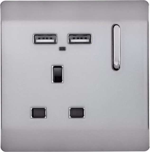 Trendi 1 Gang 13 Amp Flush Switched Socket with 2x2.1mA USB Ports in Silver/Grey