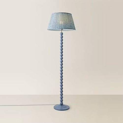 ValueLights Bobbins Floor Lamp with Blue Leaf Pleated Fabric Shade and Wood Base, H 150 cm x W 45 cm x D 45 cm – 1