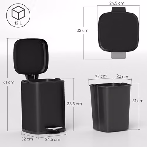 HOMCOM 12L Metal Kitchen Pedal Bin with Soft-Close Lid and Removable Inner Bucket, Black, W/D/H: 24.5 x 24.5 x 36.5 cm – 7