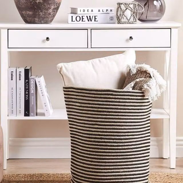 Wyld and Coco Large Round Cotton Storage Basket and Laundry Bin in Beige and Black, Diameter: 41 cm, Height: 51 cm – 1