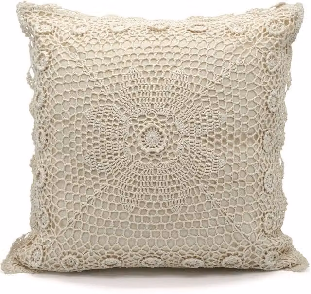 Ashley Mills Layla Beige Multicolour Filled Cushion with Crochet Lace, W/D/H: 45 x 45 x 45 cm