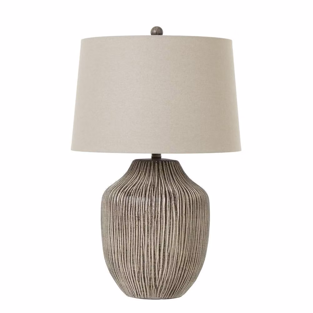 Wyld Haus Ochre Carved Textured Table Lamp with Fabric Shade in Brown and Beige – 2