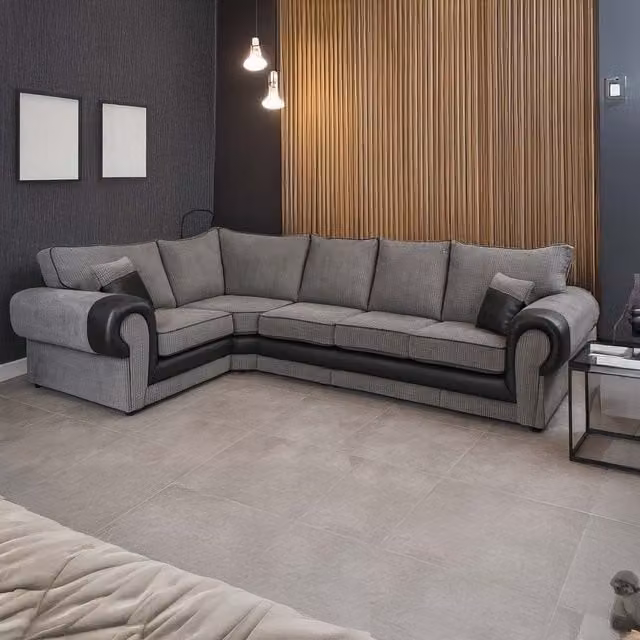 Furnishings For Less UK Portland 5 Seater L Shaped Corner Sofa in Grey Fabric and Synthetic Leather, Left Hand Facing