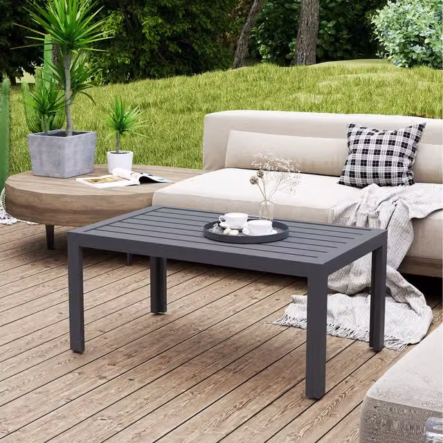 Outsunny Modern Grey Metal Outdoor Coffee Table with Slat Tabletop for Patio and Balcony