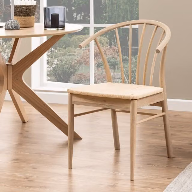 Furniture To Go Cassandra Dining Chairs with Armrests in White Oak and Beige Fabric, Set of 2