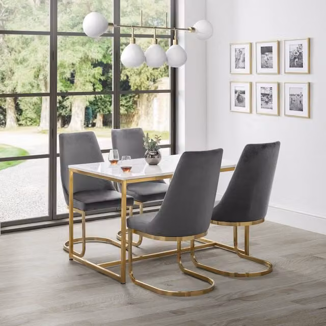 Julian Bowen Scala Gold Rectangular Marble Dining Table and Vittoria Sled Base Chairs Set in Gold and Grey