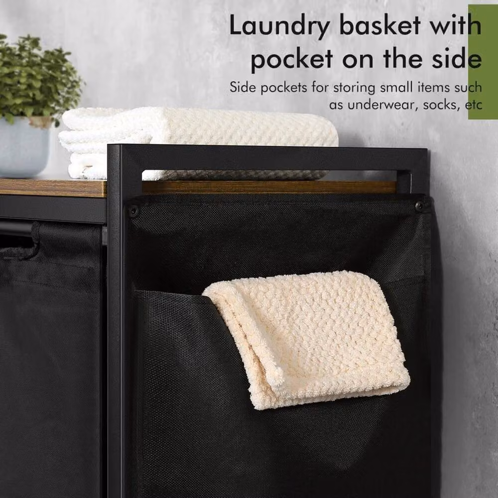 PAWNORA 3 Compartment Laundry Hamper Basket with Shelves and Removable Bags, Black, H 92.5 x W 42.1 x D 30 cm – 8