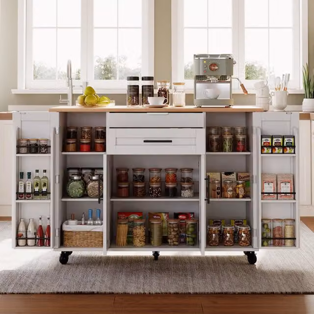 Aosom UK Modern Kitchen Trolley with Fold-Out Worktop and Double-Door Cabinets, White and Natural, W: 70 cm, D: 70 cm, H: 92 cm