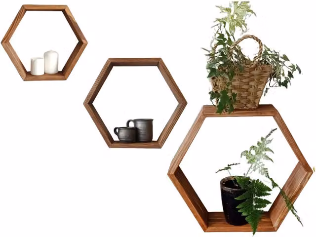 NOVECRAFTO Set of 3 Brown Wooden Honeycomb Floating Wall Shelves
