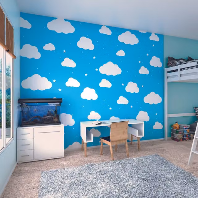 Origin Murals Cartoon Cloudy Sky Wall Mural in Blue