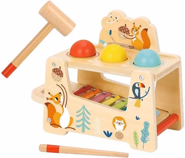 Tooky Toy Multicolour Wooden Xylophone Pound and Tap Hammer Bench
