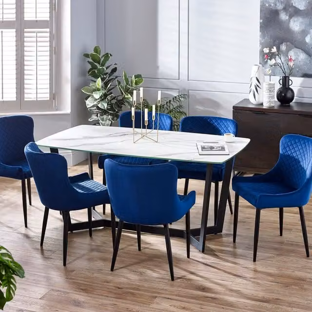 Julian Bowen Olympus White Marble Effect Dining Table and Blue Luxe Chairs Set
