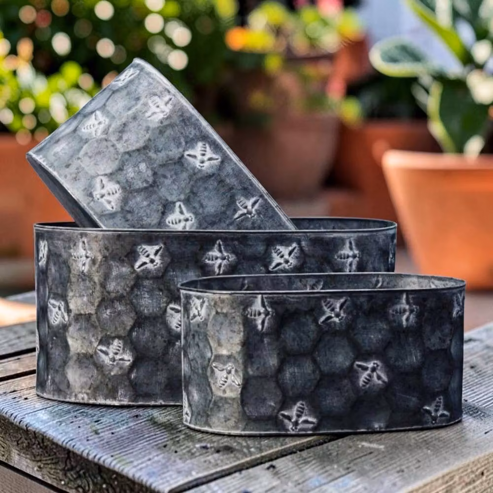 Four Candle Set of 3 Galvanised Steel Bee Embossed Oval Planters in Grey, W: 25.0 cm, D: 20.0 cm, H: 3.0 cm – 2
