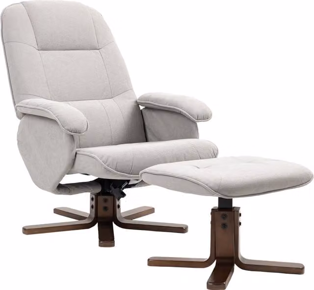 HOMCOM Linen Swivel Recliner Chair with Ottoman, Upholstered Grey Armchair with Wooden Base – 1