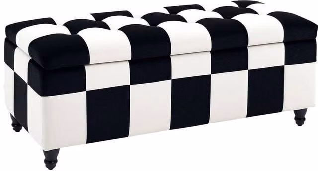 KORVIXA Black and White Checked Velvet Storage Ottoman, W/D/H: 114 x 47 x 47 cm