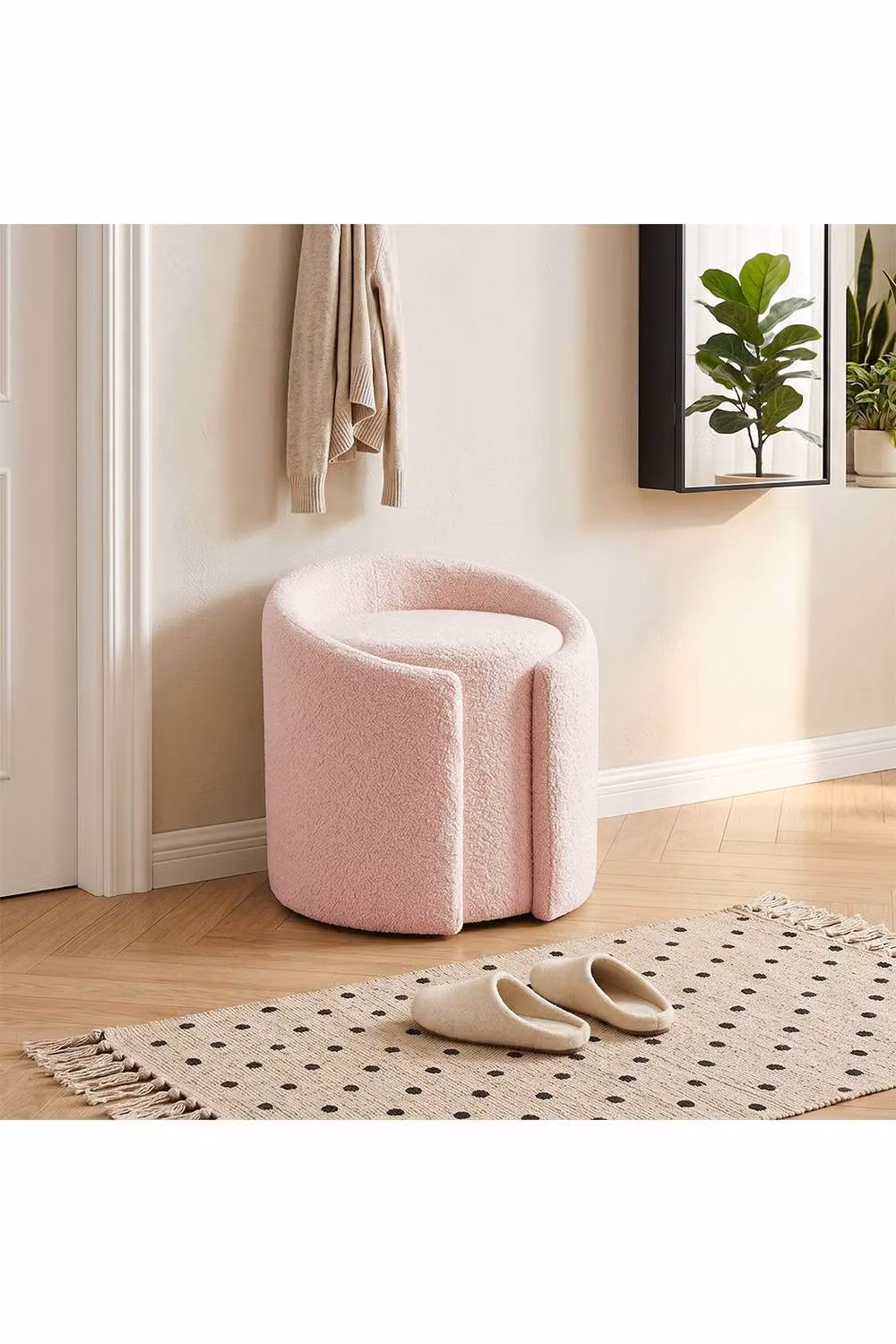 Living and Home Teddy Fleece Upholstered Cylindrical Vanity Stool in Pink – 2