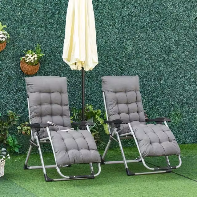 Outsunny 2 Piece Reclining Zero Gravity Sun Lounger Set in Grey with Adjustable Headrest and Armrests