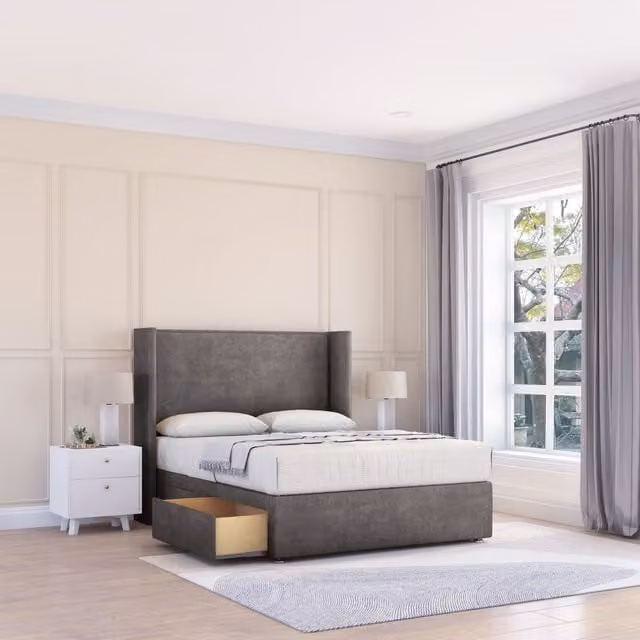 Sloomy Devonshire Naples Wingback Bed Set with 2 Drawers and Floor Standing Headboard in Dark Grey, Small Double, W/D/H: 120 x 200 x 25 cm