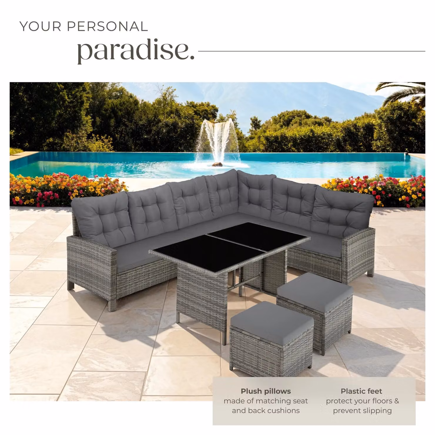 tectake 8 Seater L-Shape Garden Furniture Set in Grey with Upholstered Cushions, Ottoman and Coffee Table – 4