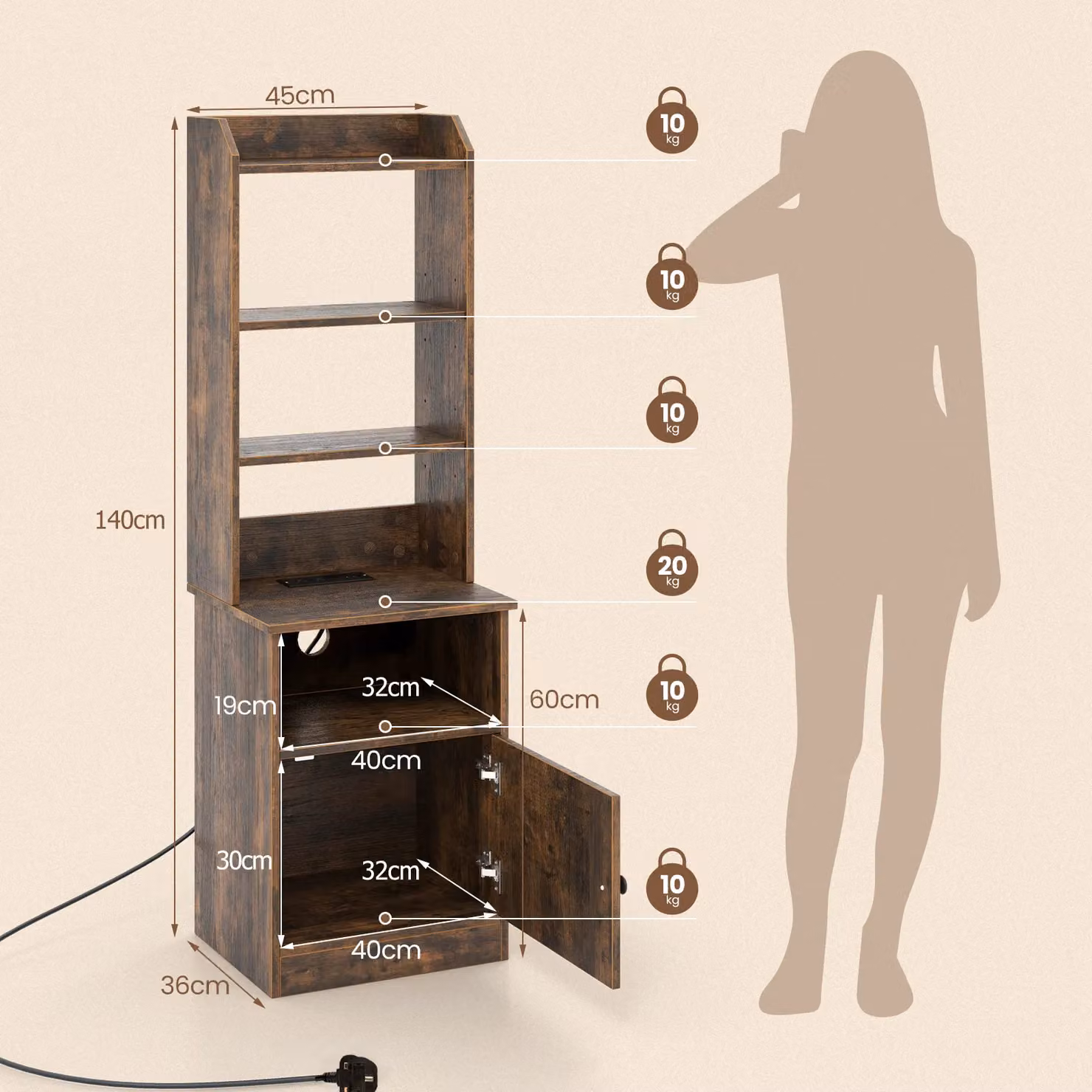 Gymax Tall Brown Nightstand with Shelves and Charging Station Grommet – 2