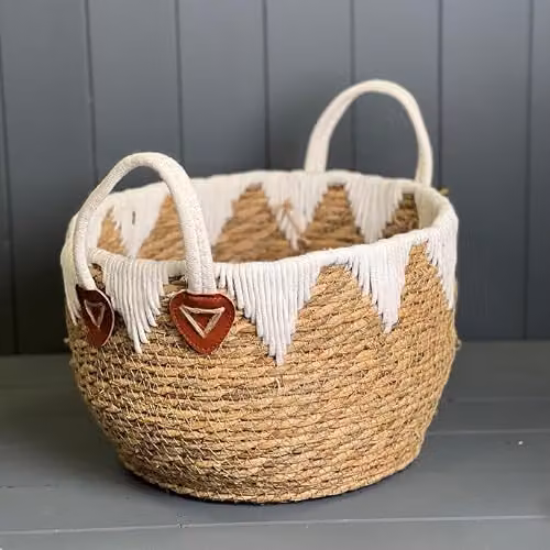 Four Candle Round Woven Seagrass Storage Basket in White, Beige or Brown, Diameter: 38 cm – 2