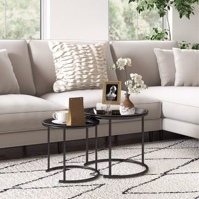 HOMCOM Set of 2 Modern Round Nesting Tables with Removable Tray, Black