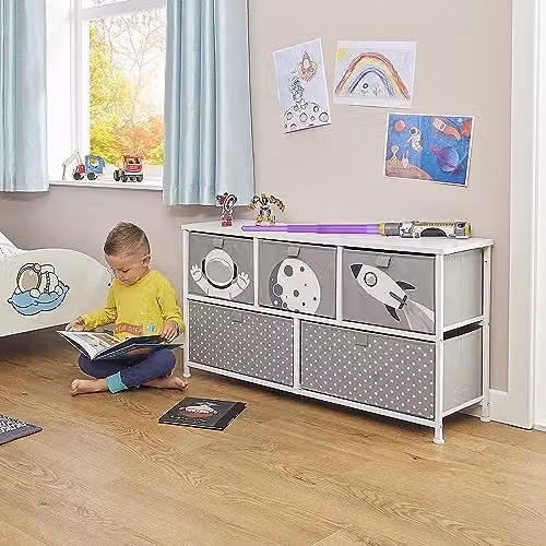 Liberty House Toys Spaceman 5 Drawer Storage Chest for Children in Grey and White