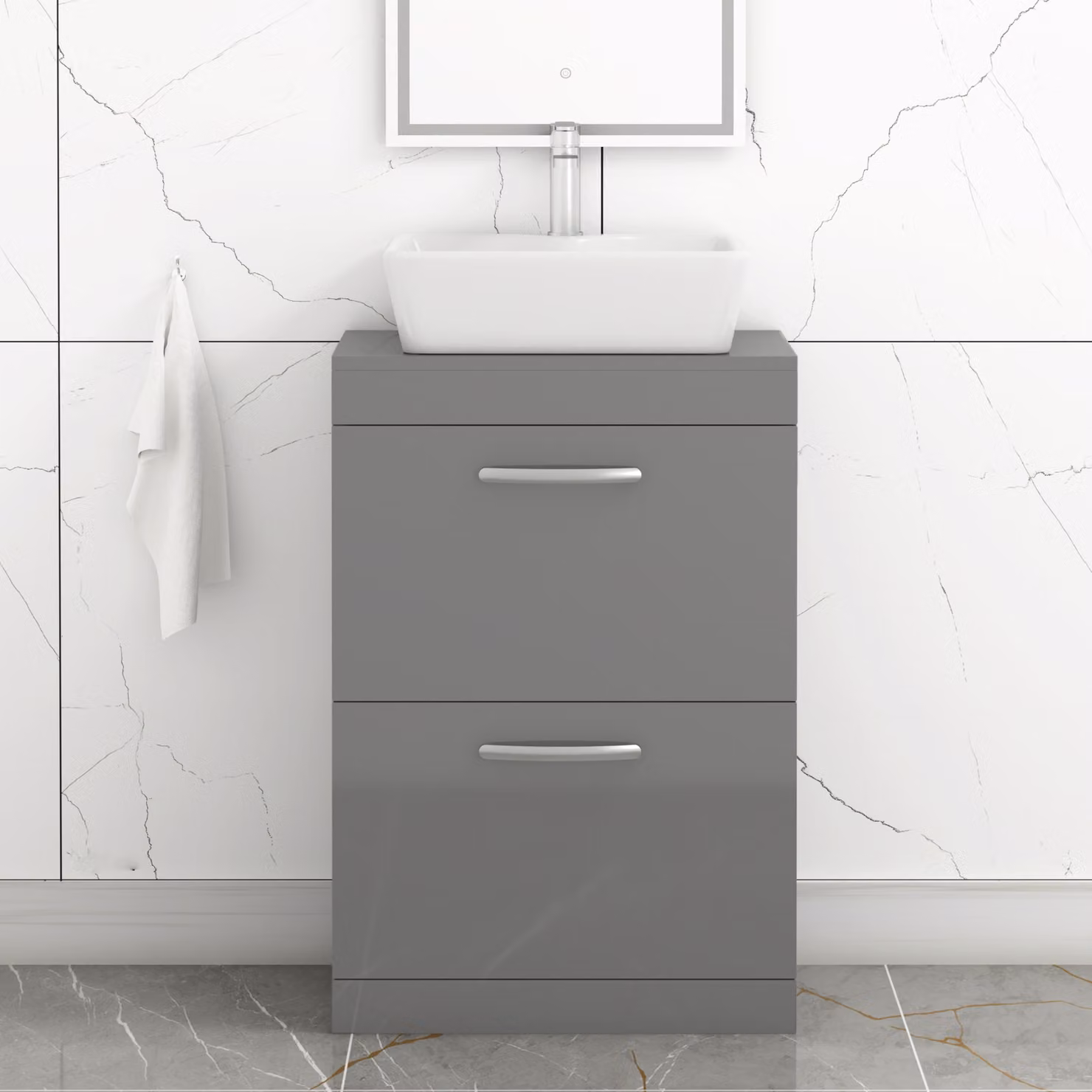Royal Bathrooms Cube Floor Standing 2 Drawer Vanity Unit with Countertop Basin in Grey Gloss