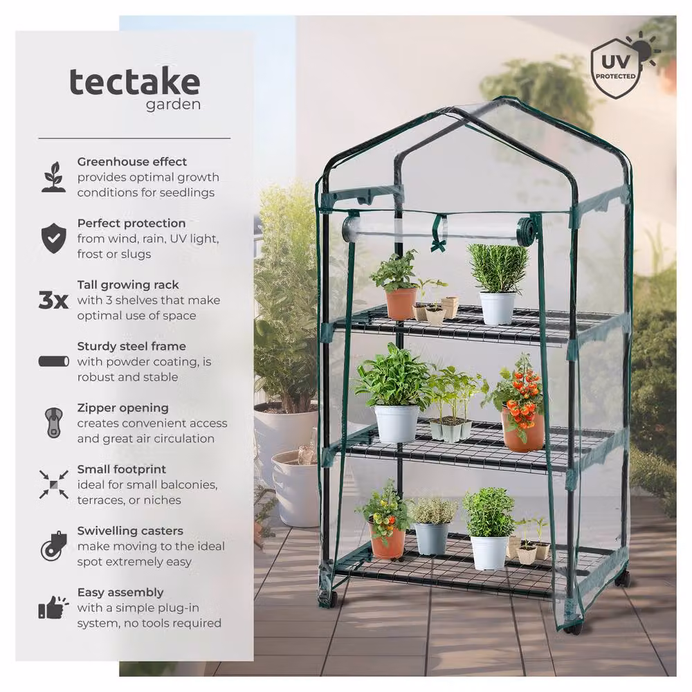 tectake Greenhouse with Wheels, 3 Shelves and Transparent Tarpaulin Cover, W/D/H: 69 x 49 x 133 cm – 2