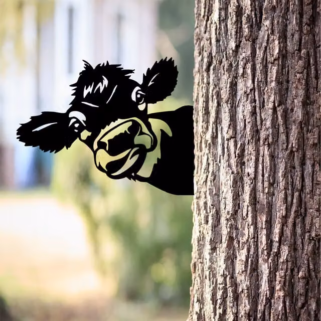 Laser Hut Black Metal Peeping Cow Side Mounting Decoration