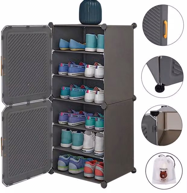 SPETLEK Grey Shoe Storage Cabinet with Hinged Doors and Internal Shelves, W/D/H: 95.0 x 32.0 x 32.0 cm