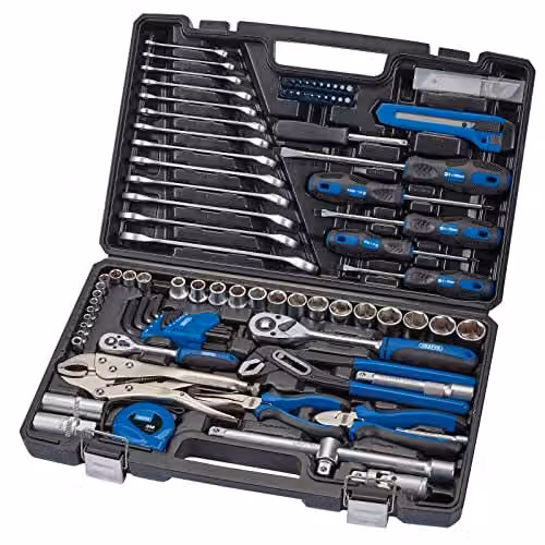 Draper 100-Piece Chrome Vanadium Steel Hand Tool Kit with Pliers, Screwdrivers, Wrenches, Sockets and Bits in Blue, Black and Multicolour