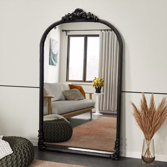 Livingandhome Large Vintage Ornate Carved Arch Frame Full Length Mirror in Black