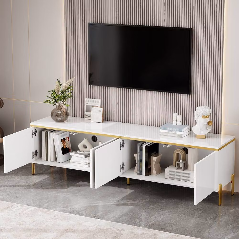 BTM High Gloss TV Stand with 4 Doors and Gold Edging in White, W/D/H: 170 x 50 x 38 cm – 3