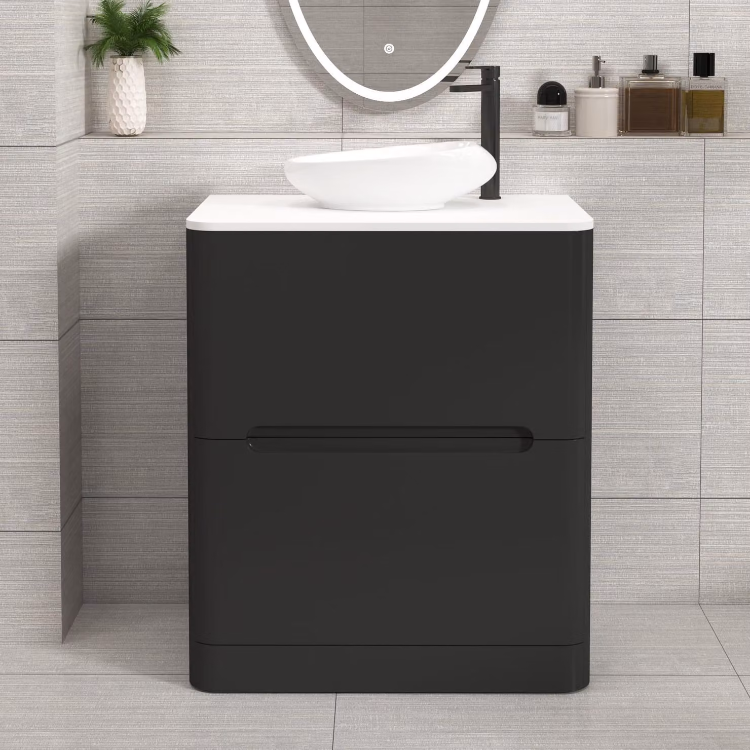 Royal Bathrooms Venice 700mm Floor Standing Vanity Unit in Matt Nocturne Black with 2 Drawers and Plain White Nova Basin