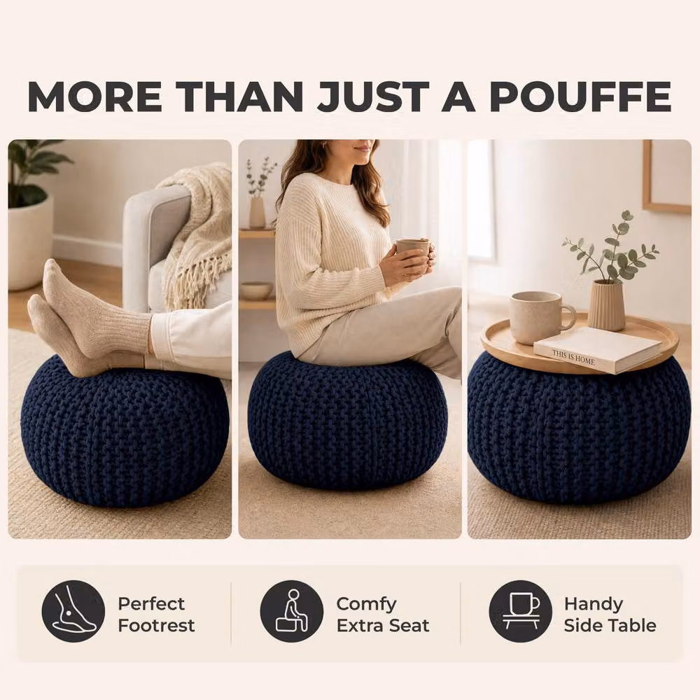 Bravich LTD Chunky Knitted Cotton Round Pouffe Footstool in Blue, Diameter: 50 cm – 7