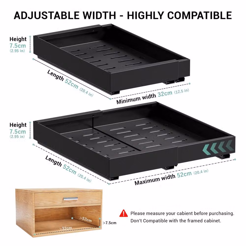 Appaso Black Metal Adjustable Pull Out Cabinet Drawer Inserts, 2-Piece Set, Depth: 52 cm, Width: 32-52 cm – 2