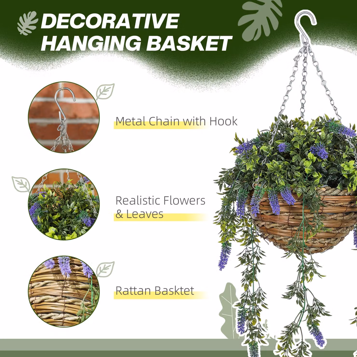 HOMCOM Set of 2 Purple Artificial Lavender Flowers in Metal Hanging Baskets – 3