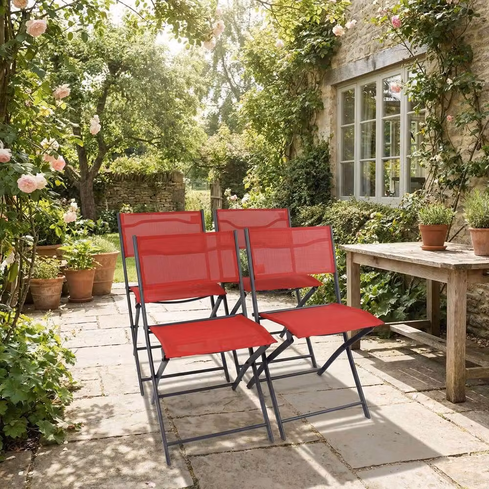 VCM Sumila 4-piece Red Metal Folding Garden Chair Set, H 79 x W 46 x D 45 cm – 3