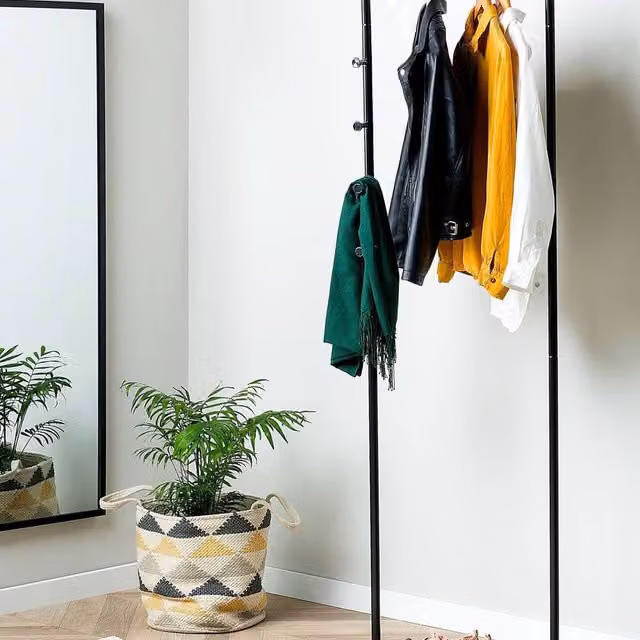 Wyld and Coco Black Metal Freestanding Clothes Rail with Four Hooks, W/D/H: 175 x 50 cm