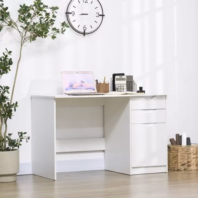 HOMCOM Modern High Gloss Computer Desk with Drawers in White