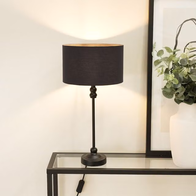 ValueLights Maggie Black Metal Candlestick Table Lamp with Fabric Drum Shade and LED Bulb – 1
