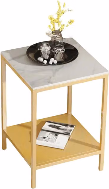 Pirlo Plush Modern 2 Tier Square Side Table with Ceramic Abstract Top in Gold, Yellow and White