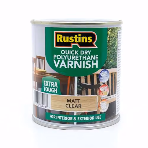 Rustins Quick Dry Polyurethane Varnish Matt Clear 500ml Water-Based Non-Yellowing Wood Finish