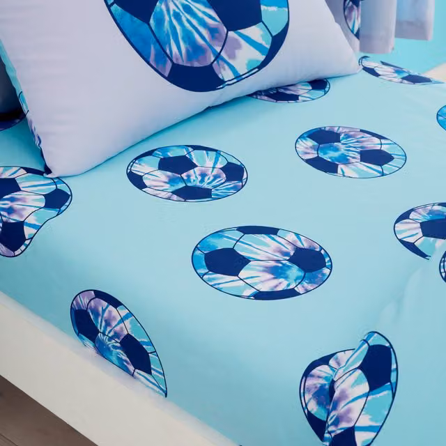 Catherine Lansfield Kids Tie Dye Football Single Fitted Sheet, Blue, W/D/H: 90 x 190 cm