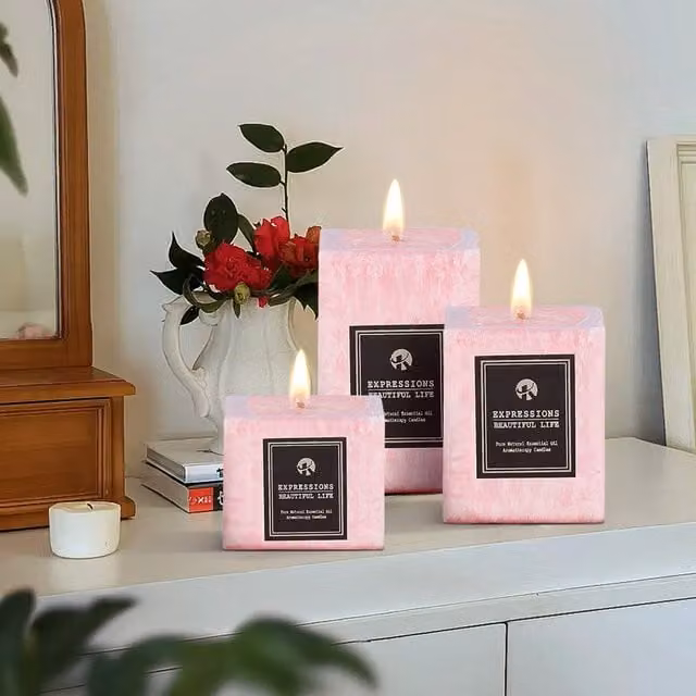 Lifeideas Set of 3 Pink Rectangular Scented Pillar Wax Candles