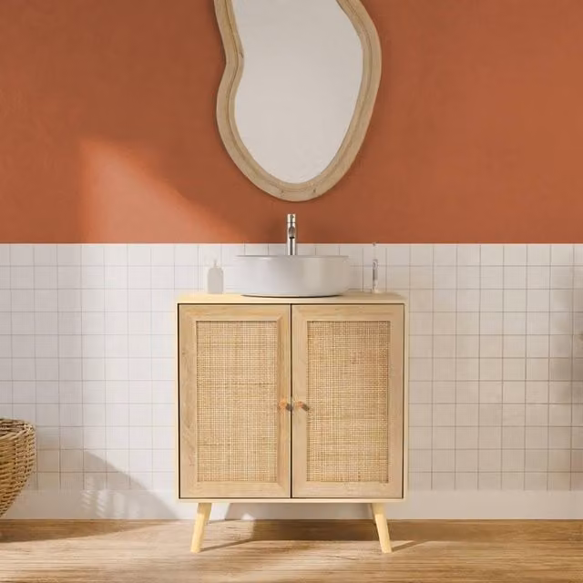sweeek Boho Under-washbasin Cabinet with Wood Decor and Rattan in Beige, W/D/H: 70 x 40 x 65 cm – 1